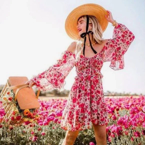 MISA Los Angeles Asra Red Floral Puff Sleeve Dress | US S - Picture 2 of 12